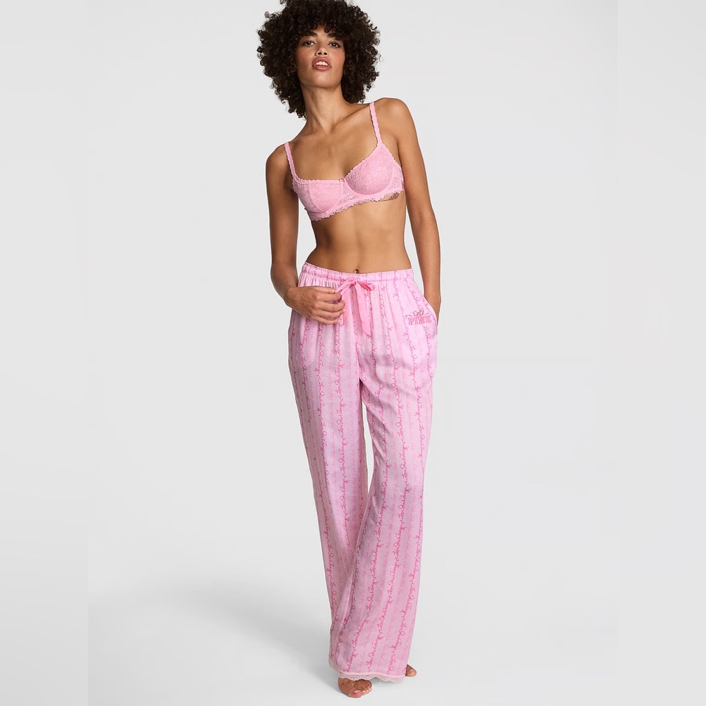 PINK x LoveShackFancy Silky Sleep Pants Pink Floral Logo Lounge Pajama Bottoms - Picture 9 of 12